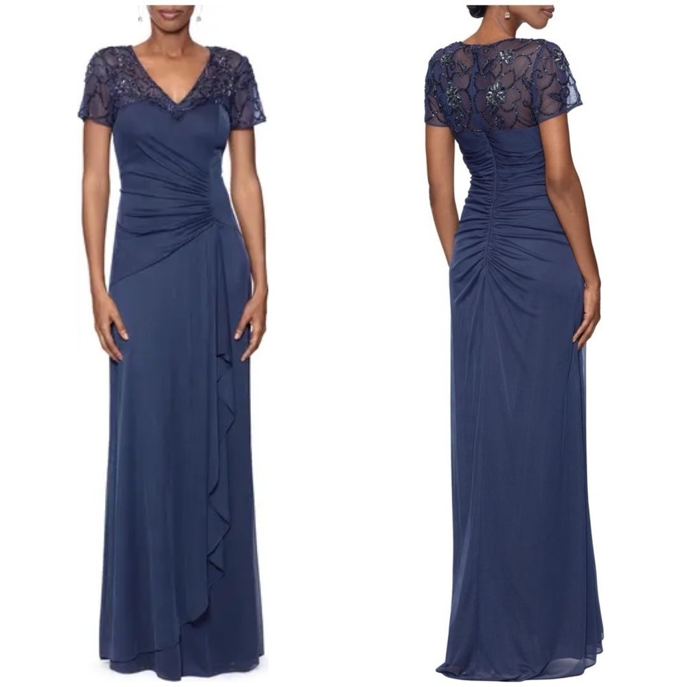 NWT Xscape Beaded Short Sleeve Ruched Gown Blue Chiffon Sz 8